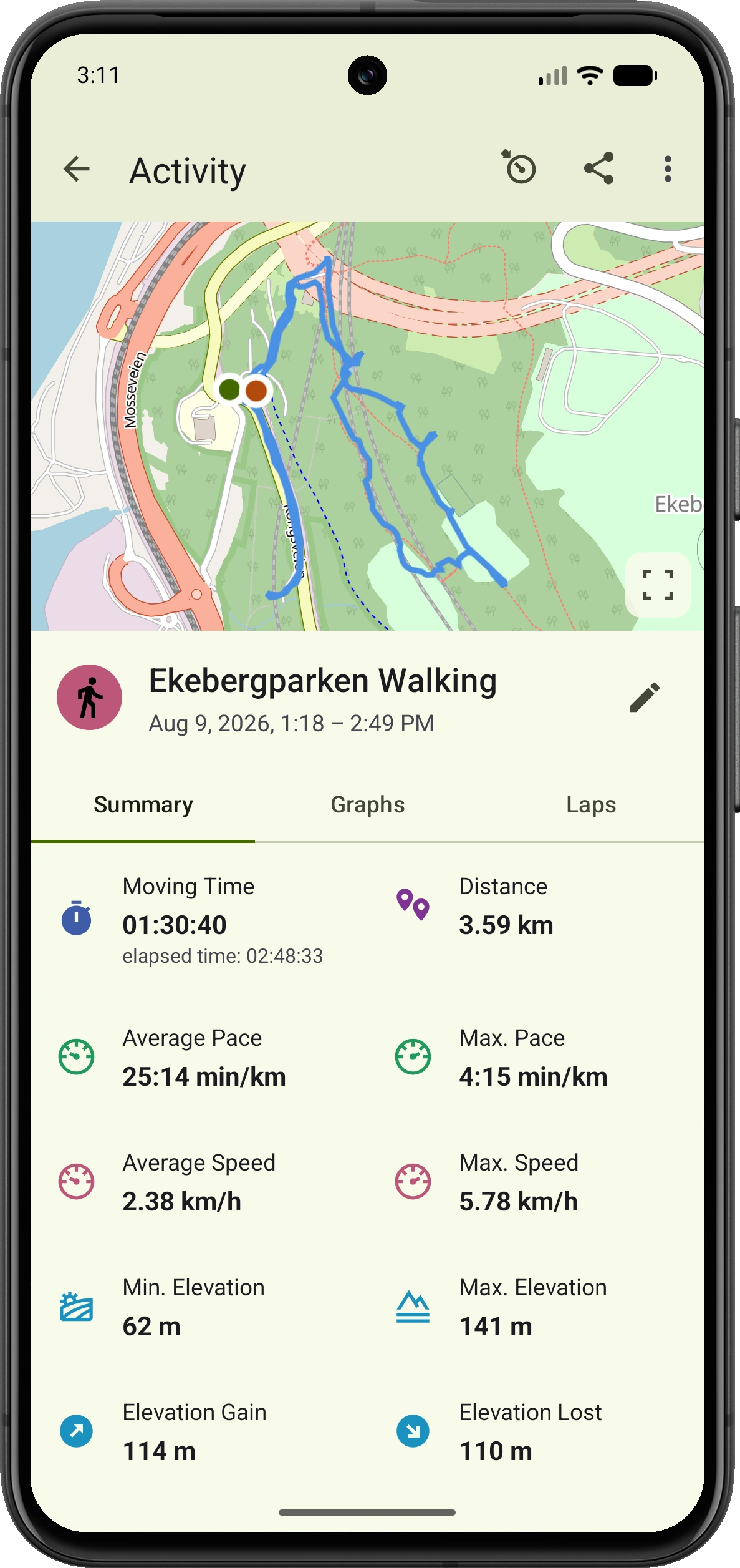 VMFit walking activity summary showing the Ekebergparken route, distance, moving time and pace.