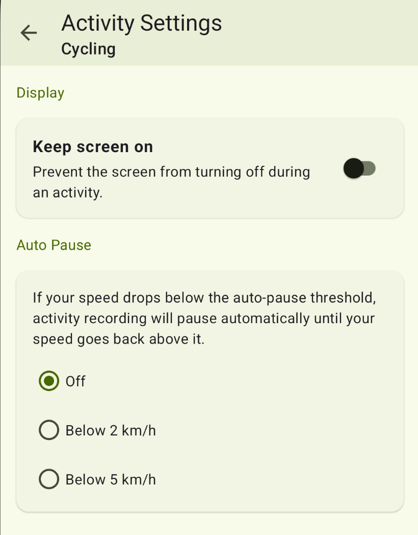 VMFit activity settings screen